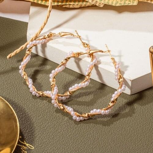 Vintage Korean Pearl Hoop Earrings for Women Geometric Statement Big Metal Hanging Drop Earrings Fashion Earrings 2020 Jewelry