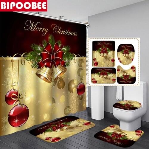 Ribbon Golden Bell Printed Shower Curtain Waterproof Polyester Bathroom Curtains Merry Christmas Bath Floor Mat Non Slip Rugs