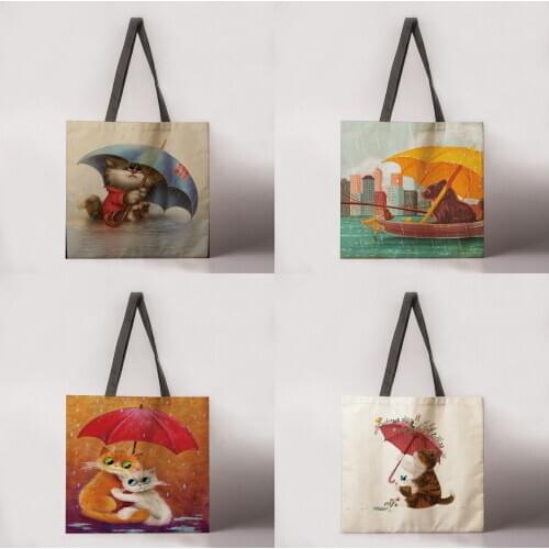 Cat and Umbrella Printed Tote Bag Ladies Linen Bag Ladies Shoulder Bag Outdoor Leisure Handbag Foldable Shopping Bag