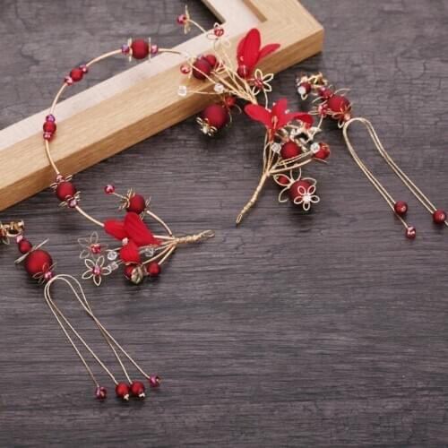 Bridal Gold Red Pearl Flower Bridal Tiaras Headband Women Headpiece Wedding Crowns Hair Earrings Jewelry Accessories