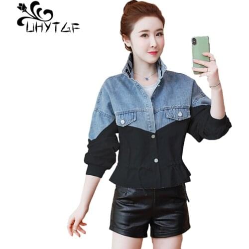 UHYTGF Spring Autumn Denim Jacket Womens Fashion Stitching Casual Short Tops Single-Breasted Slim 3XL Plus Size Jeans Coat 1364