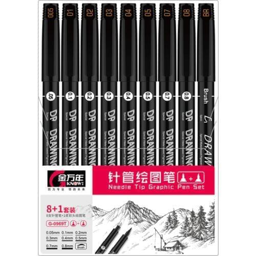 Know 8+1 pcs Needle Drawing Pen Set Needle Tip Graphic Pen 0.05/0.1/0.2/0.3/0.4/0.5/0.7/0.8/Brush Cartoon Sketch Strokes G-0969T