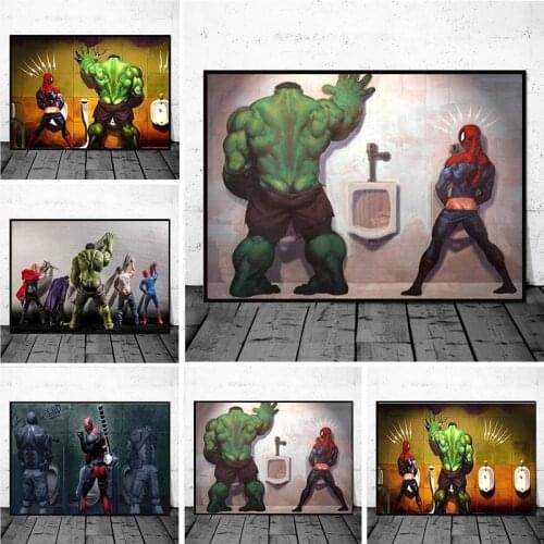 Funny Cartoon Superheroes In The Toilets Canvas Wall Art Painting Avengers Hero Anime Posters and Prints Picture Kids Room Decor