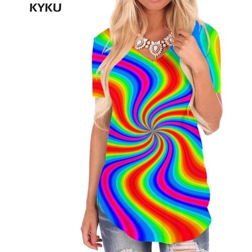 KYKU Rainbow T Shirt Women Colorful V-neck Tshirt Art Tshirts Printed Harajuku Shirt Print Womens Clothing Summer Loose