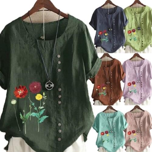 Womens New Fashion Round Neck Flowers Print Short Sleeve Top Loose Linen T-shirt Casual Top S-5XL