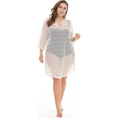 Womens Fashion Summer Beachwear Hollow Out Knitted Tops Long Lace Plus Size Cover Up TLL001