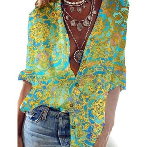 Women Shirt Floral Print Half Sleeve Summer Turndown Collar Loose Blouse Floral print in bright colors shirt femme Blouses 2021