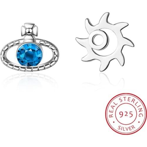 Simple Asymmetrical Hollow Sun Blue Planet 925 Sterling Silver Earring For Women Girl Gift Oorbellen Brincos De Prata