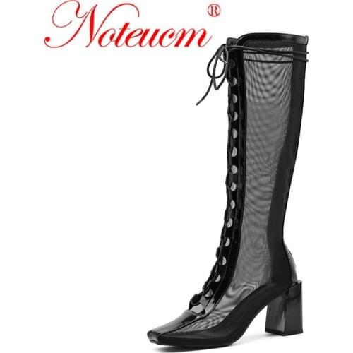 Female brand Breathable Summer Square Head Mesh Black Brown Sock Heel Knee High Over Calf Lace Hole Cut Boot Shoe for Women 2021