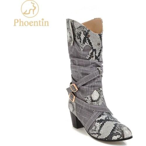 Phoentin snake printed mid calf boots woman cloth patchwork slip on shoes female narrow band buckle decoration grey FT727