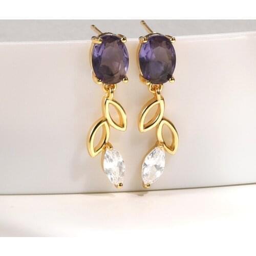 Purple Crystal Leaf Stud Earrings For Women Vintage Geometry Earrings Fashion Jewelry Luxury Wedding Gift 2021