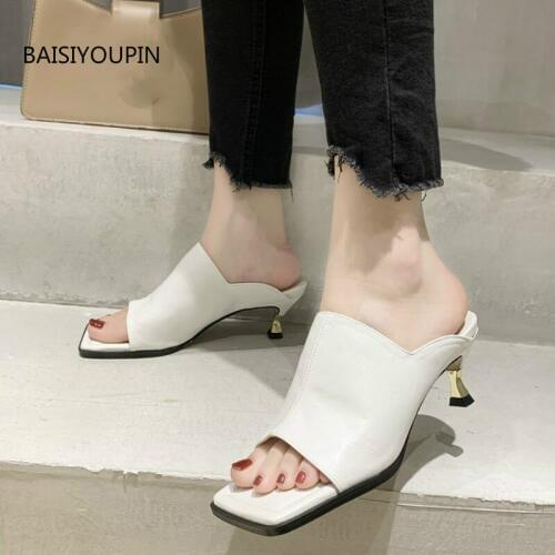 Summer New Solid Women Slippers Pumps Shoes Fashion PU Sexy Square-head 6cm Thin High Heels Shallow Outside Casual Female Slides