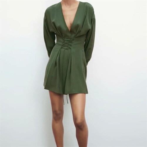 ZXQJ Women 202 Adjustable Laces Banded Mini Dress Vintage V Neck Long Sleeve Female Dresses Vestidos Mujer