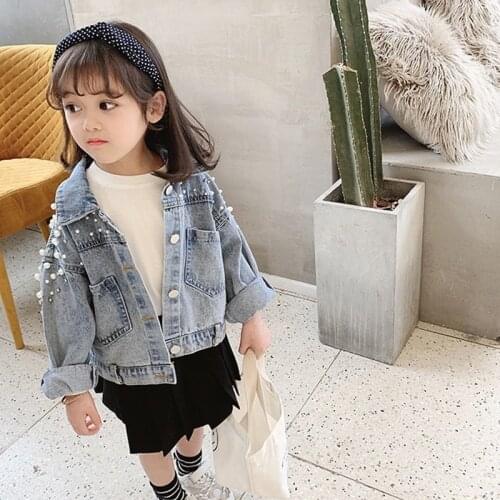 2021 Spring Girls Pearl Coat Childrens Jeans Little Girls Fashion Coat Baby Girl Fall Clothes Kids Jacket