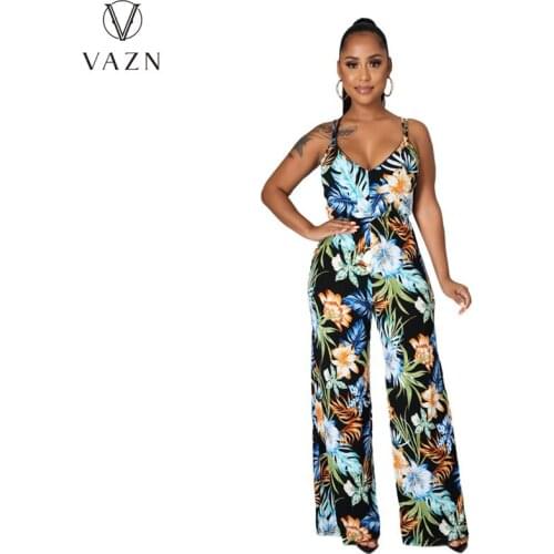 VAZN 2021 Vintage Spaghetti Strap Deep V-neck Causal Home Slim Sleeveless Sexy Club Holiday Joker Women Loose Jumpsuits