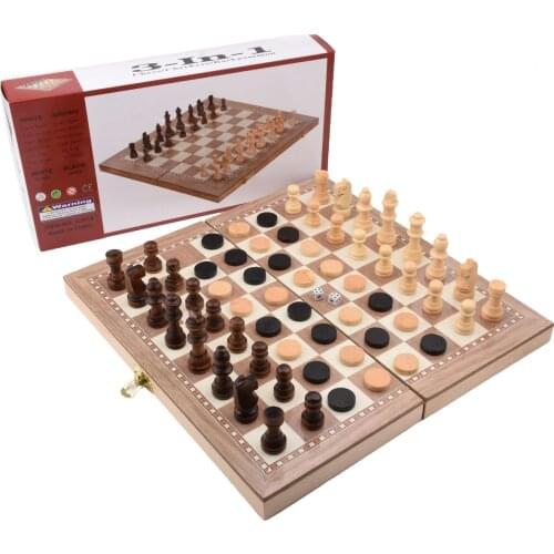 3-in-1Casual Puzzle Toy Chess Set Wooden Chess Board Set Foldable International Checkers Games Childrens Birthday Gift Ajedrez