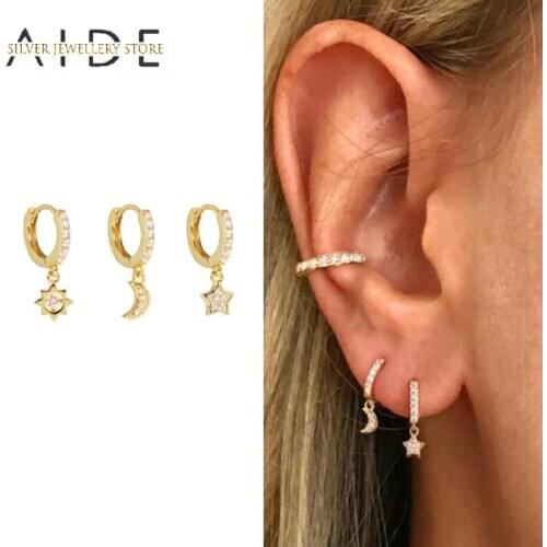 AIDE 3 Pcs/Set Sun Moon Star Hoop Earrings for Women Exquisite Zircon Pierced 925 Sterling Silver Earings Fine Jewelry kolczyki