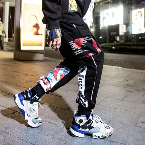 April MOMO Men Hip Hop Black Cargo Pants joggers Sweatpants Overalls Men Ribbons Streetwear Harem Pants Women Fashions Trousers