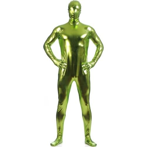 Fullbody Green Metallic Zentai Shiny Spandex Lycra Spandex Long Sleeve Bodysuit Second Skin Full Body Tight Suit