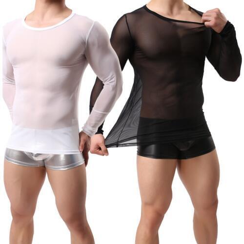Mens Sexy T-Shirts Mesh Tee Shirt Undershirt Homme Long Sleeves Men T Shirts Male Transparent See through Shirts Casual