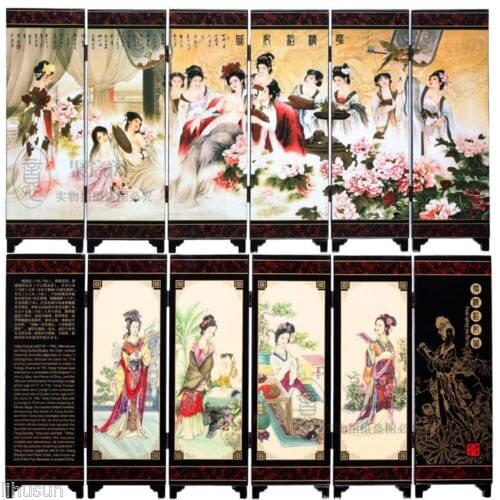 Chinese Handmade Vintage Huaqing Pool Wooden Lacquer Six Pieces Folding Screen