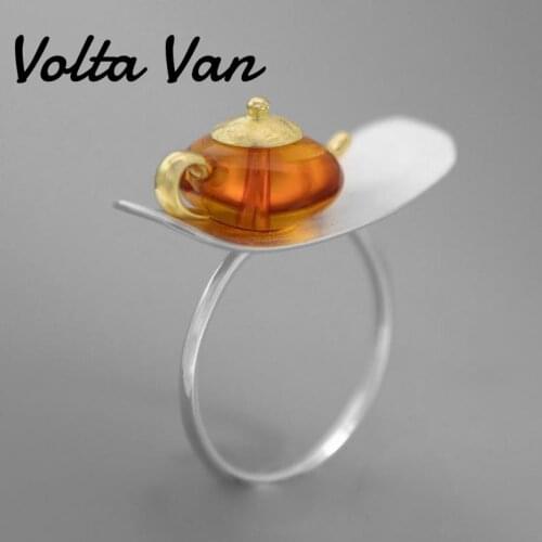 Volta Van Classic Women Amber Rings 925 Sterling Silver Fine Jewelry 2021 New Elegant Teapot Chinese Style Vintage Ladies Rings