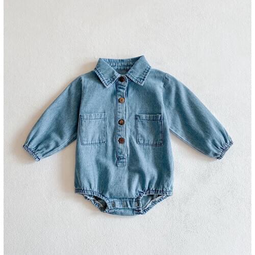 MILANCEL 2021 Spring New Born Clothes Korean Turn Down Collar Long Sleeve Girls Denim Bodysuit