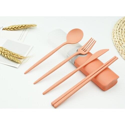 Orange 4pcs/set Wheat Straw Knife Fork Spoon Travel Cutlery Portable Flatware Box Japan Style Dinnerware Sets Kitchen Tableware