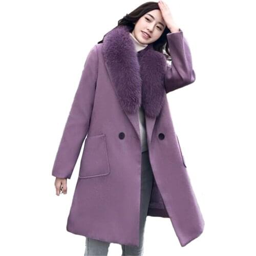 New Fashion Oversize Woolen Coat Women Winter Real fox fur collar Thicken Warm Jacket Female Plus size M-6XL Wool Outerwear G718