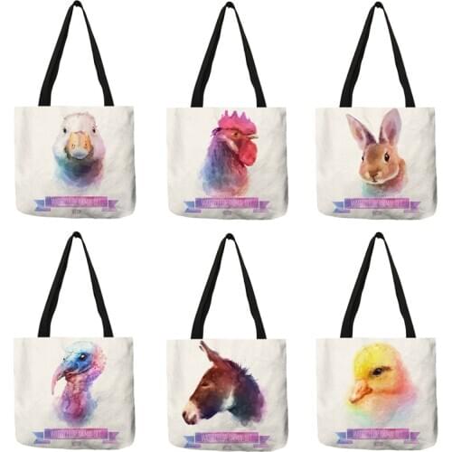 Excellent Watercolor Animal Painting Storage Cloth Sack Horse Sheep Pig Print Tote Bag Girls School Travel Picnic Handbag