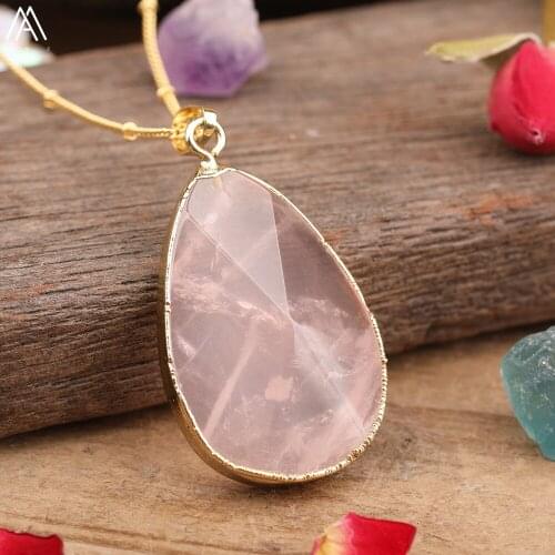 Natural Citrines Amethysts Rose Quartz Stone Waterdrop Pendant Necklace Women Drop Beads Gold Silvery Chains Necklace Jewelry