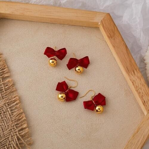 Origin Summer French New Year Cute Red Color Bowknot Earrings for Women Gold Color Metallic Bells Drop Dangle Earrings Jewelry