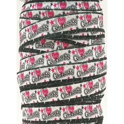 Q&N ribbon wholesale/OEM 5/8inch 16mm 160411006 I love gymnastics sport printed folded over elastic FOE for hair tie