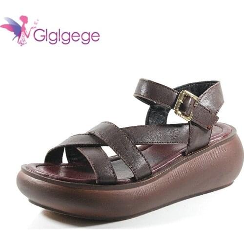 Glglgege Retro Women Sandals 2020 Wedge Platform Gladiator Sandals For Women Summer Shoes Genuine leather Mid Heel Sandal Female