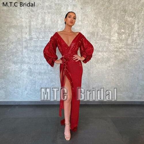 Sexy Burgundy Prom Dresses Long Sleeve V Neck Shiny Wedding Party Dress With Slit Arabic Women Formal Occasion Gowns Plus Size