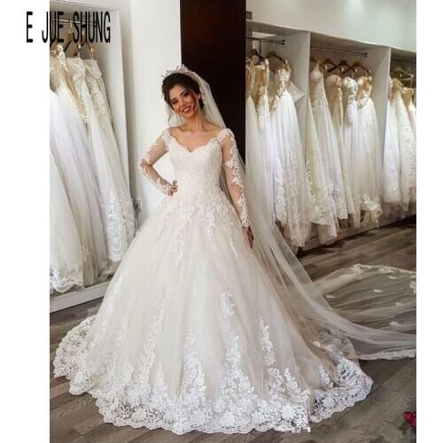 E JUE SHUNG Vintage Dubai Wedding Dresses A line V Neck With Appliqued Vestido De Noiva Long Sleeves Lace Bridal Wedding Gowns