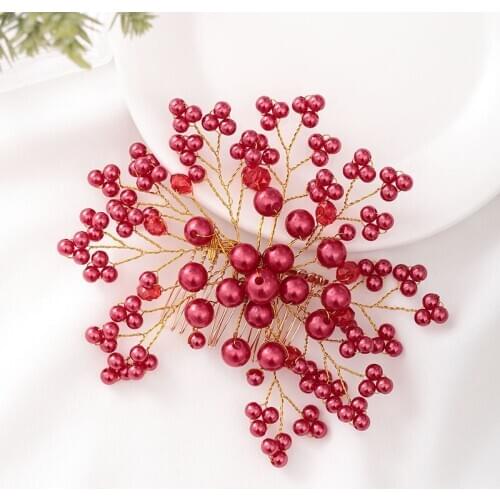 High Fashion Red Color Crystal Pearls Hair Combs Clips Women Bride Noiva Bridal Wedding Prom Party Hair Jewelry Accessories