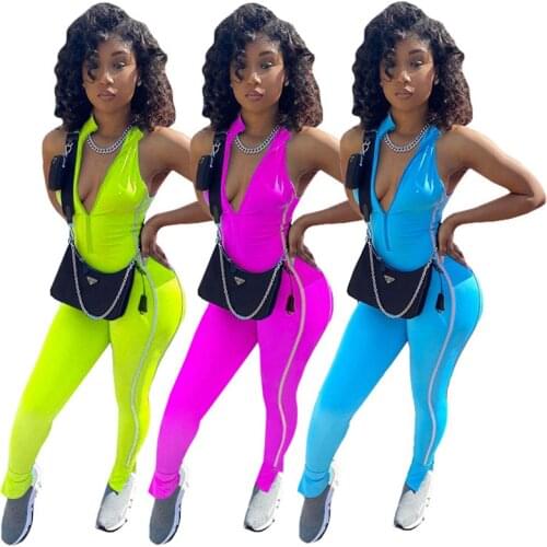 Women Solid Zipper Deep V Neck Jumpsuits Summer Sleeveless Long Trousers Sexy Nightclub Party Bodycon Fashion Outfits