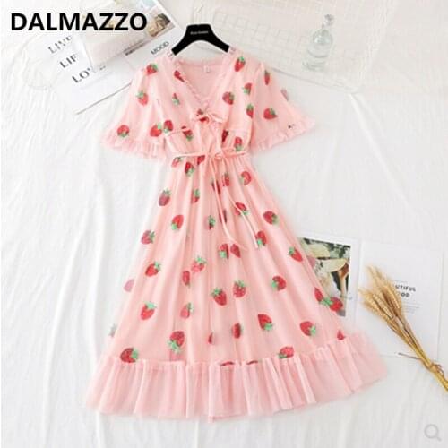 Fashion Women V Neck Mesh Patchwork Holiday Long Dress 2021 Summer Designer Black Pink Strawberry Sequins Vestidos Female XL