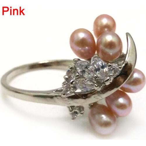 8# Natural Pink Fresh Water Rice Pearl Women Ring with Zircon