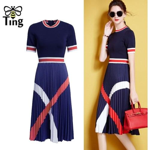 Tingfly Vogue New Hit Color Knitting Patchwork Women Midi Long Pleated Casual Dress Office Style Work A Line Vestidos Mujer Chic