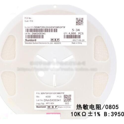 100pcs/lot 0805 SMD Thermal Resistor 10KΩ ±1% B:3950 SDNT2012X103F3950FTF Thermistor