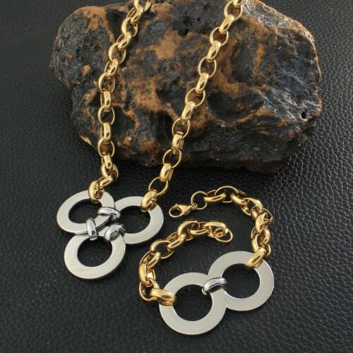 Free Shipping Gold Color Stainless Steel Vintage Jewelry Round Necklace Bracelet Sets For Woman Gift SGEZBACF