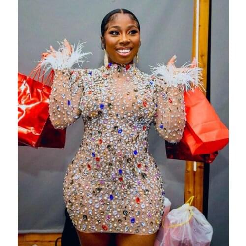 Sparkly Colorful Rhinestones Transparent Dress Prom Evening Sexy See Through Multicolor Crystals Costume Birthday Fether Sleeves