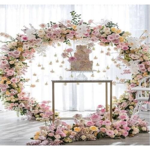 Shiny Gold Iron Circle Wedding Flower Arch Props Background Outdoor Lawn Plinth Table For Birthday Balloon Cake Holder Decor
