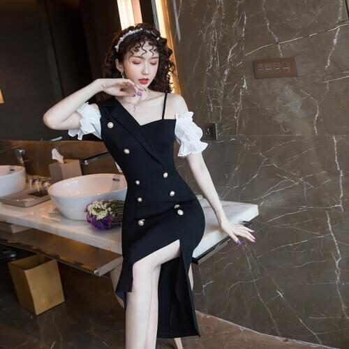 COIGARSAM Sexy Womens one-piece dress Korean Summer Vintage Dresses Black 937