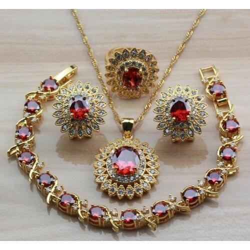 Dubai Yellow Gold Color Big Jewelry Sets Wedding Accessories Women Red Garnet Zircon Clip Earring And Necklace Bridal Sets
