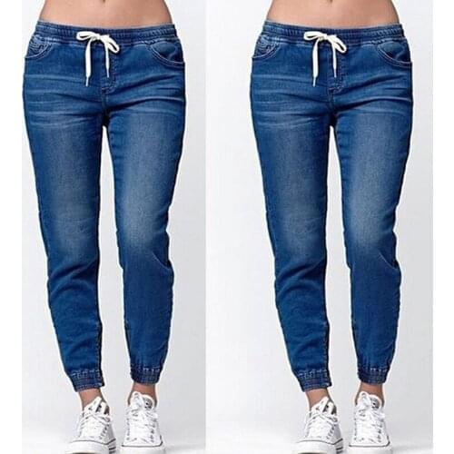 Women Fashion Casual Drawstring Jeans Female Summer Autumn Pencil Pants Skinny Middle Waist Ladies Lantern Jeans