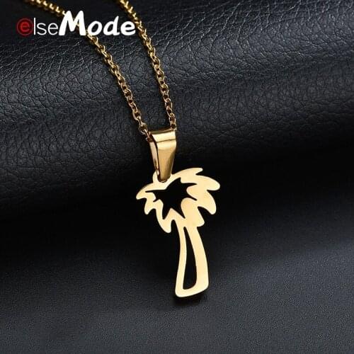 ELSEMODE Coconut Tree Plant Necklaces Pendants Chain Gold Palm Tree Necklaces Stainless Steel Jewelry