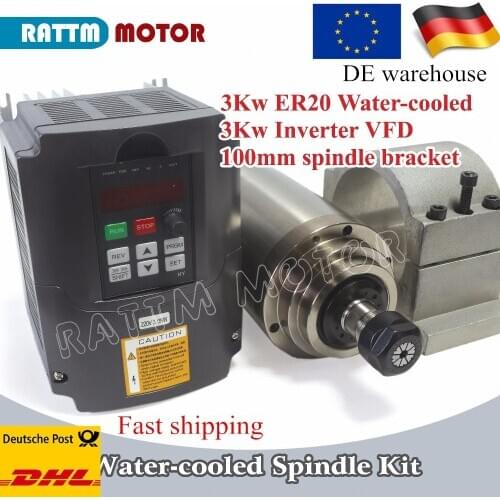 EU ship 3KW ER20 Water cooling spindle motor kit 220V 24000rpm & 3kw Inverter VFD 4HP 220V & 100mm spindle clamp